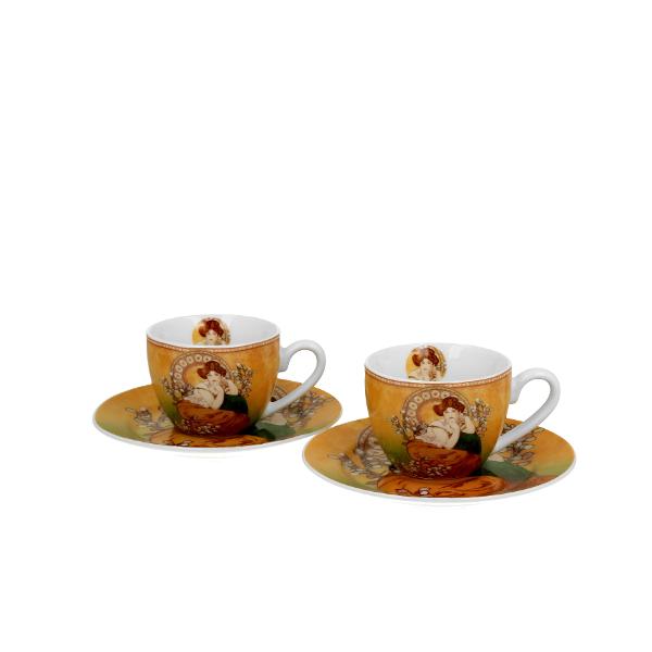 Set cu dou&259; ce&537;ti de espresso cu farfurioare TOPAZ inspirate de A Mucha parte a seriei Art Gallery  realizat din por&539;elan de calitate superioar&259; caracterizate printr-o culoare alb-crem elegant&259; &537;i natural&259; cu o str&259;lucire delicat&259; precum &537;i o durabilitate excep&539;ional&259;Setul este decorat cu o reproducere a 