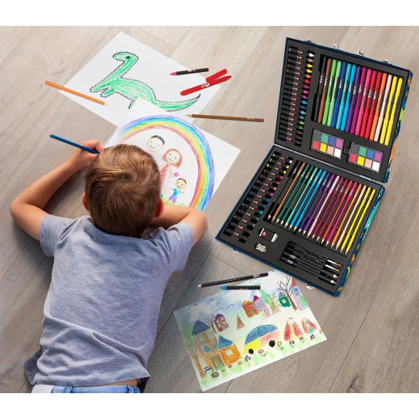 Indiferent cate culori ai avea nu sunt niciodata suficiente Trusa de desen de lux din lemn este un studio de pictura portabil cu 100 de accesorii pentru a picta ore intregi Contine toate instrumentele necesare pentru dezvoltarea imaginatiei si a creativitatii Creioane de desen markere acuarele creioane colorate culori pastelate si creioane colorate va asteapta sa va inspirati si sa creati modele frumoase de pictura Trusa are spatiu separat pentru fiecare accesoriu ajutandu-va sa 