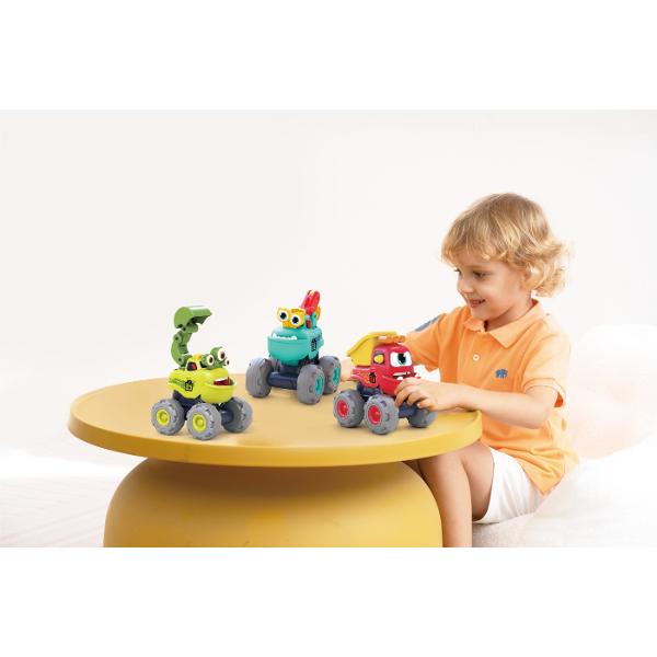 Setul de camioane de constructie cu monstruleti de la Hola Toys este o jucarie amuzanta si educativa potrivita pentru copiii cu varsta intre 1 si 5 ani Pachetul contine trei camioane colorate fiecare avand un design prietenos de monstrulet care atrage atentia celor mici si incurajeaza jocul creativ Camioanele functioneaza prin sistemul &bdquopull-back&rdquo adica se trag usor inapoi si pornesc singure inainte oferind ore intregi de distractie interactiva Designul 2 in 1 imbina 