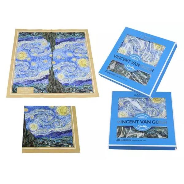 &536;erve&539;ele din hârtie – Van Gogh „Noapte Instelata” 3 straturi 33x33 cm set 20 buc&259;&539;iAdaug&259; un strop de art&259; &537;i elegan&539;&259; meselor tale cu acest set de 20 de &537;erve&539;ele din hârtie decorate cu celebrul tablou „Noapte Instelata” al lui Vincent van Gogh Realizate din hârtie 