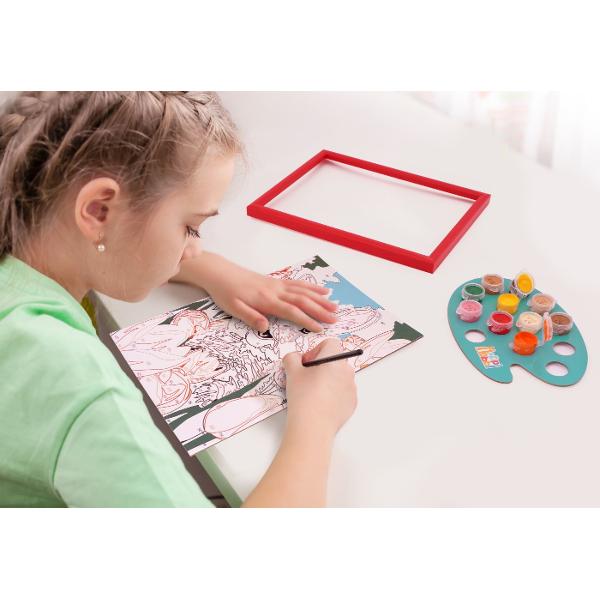 Setul include 1 cartonas preimprimat cu un model de iepuras 10 vopsele acrilice in borcane de plastic 1 rama din plastic 1 pensula Tema iepuras vesel Copilul vede ce culoare corespunde fiecarei zone si o picteaza in consecinta Rezultatul este foarte satisfacator deoarece colorarea cartonului este ghidata
