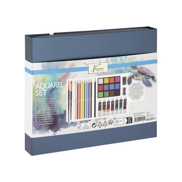 Setul de pictura Creative Craft este ideal pentru artistii in devenire sau pentru cei care doresc sa exploreze lumea artei si a culorilor Acest set complet include o gama diversa de acuarele si creioane acuarelabile oferind posibilitati nelimitate de creatie Creionul HB inclus este perfect pentru schite preliminare iar pensulele de diferite marimi faciliteaza aplicarea culorilor si detalierea lucrarilor Fie ca esti 
