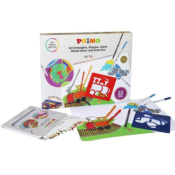 Acest set complet pentru desen si pictura include24 de creioane colorate Minabella de inalta calitate24 de markere cu varful de fibra super lavabile1 creion HB6 sabloane cu motive variate1 structura interioara din carton reutilizabila care poate fi pictata si agatata pe perete
