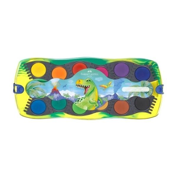 Acuarelele Connector Dinozauri cu 12 culori de la Faber-Castell sunt alegerea ideala pentru copii pasionati de desen si pictura Aceste acuarele ofera nuante vibrante si o solubilitate rapida asigurand o utilizare eficienta si placuta in orice activitate creativaFiecare set include un capac transparent care nu doar ca protejeaza culorile dar poate fi personalizat cu numele copilului aducand un plus de originalitate De 