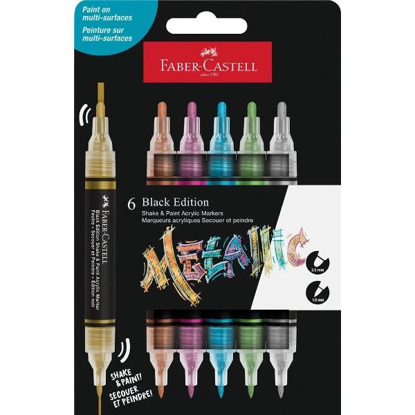 Set ce contine 6 markere acrilice in culori cu efect metalizat auriu argintiu bronz albastru roz si verde Shake&Paint de la Faber-Castell Cerneala pe baza de acril cu pigmenti metalizati Varf dublu varf gros de 3&8239;mm pentru acoperire larga si varf fin de 1&8239;mm pentru detalii precise Markerele sunt rezistente la apa si lumina dupa uscare Usor de aplicat pe o varietate de suprafete hartie carton lemn panza sticla metal piatra si 