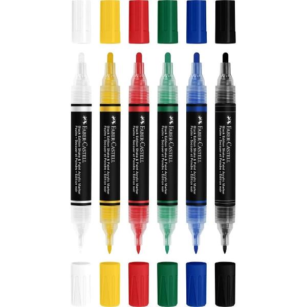 Set de 6 markere acrilice alb galben rosu verde albastru si negru Shake&Paint de la Faber-Castell Cerneala acrilica opaca pe baza de apa intens pigmentata Varf dublu varf gros de 3&8239;mm pentru acoperire larga si varf fin de 1&8239;mm pentru detalii precise Usor de aplicat pe o varietate de suprafete hartie carton lemn panza sticla metal piatra si plastic Markere rezistente la lumina si apa dupa uscare Se recomanda a se agita bine 
