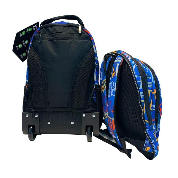 Acest rucsac pe roti usor si cu forma anatomica este realizat din materiale rezistente la apa Designul sau este captusit respirabil si ergonomic oferind confort maxim in utilizare In partea inferioara se gaseste un buzunar impermeabil ascuns care protejeaza rotile pastrand curatenia atunci cand este purtat pe spateCaracteristici specialeSistem de troller cu maner telescopic si roti din cauciuc durabile pentru transport 