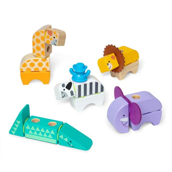 Setul de constructie din lemn animale din safari ofera o experienta distractiva si educativa pentru prescolarii cu varsta de doi ani si peste Setul include blocuri din lemn masiv usor de prins si de conectat permitand copiilor sa creeze animale de safari cum ar fi o zebra un aligator un leu un elefant si o girafa Cu 16 blocuri 15 conectori si accesorii din fetru copiii isi pot inventa propriile personaje si creatii unice Ambalajul se desface pentru a servi drept spatiu de joaca 