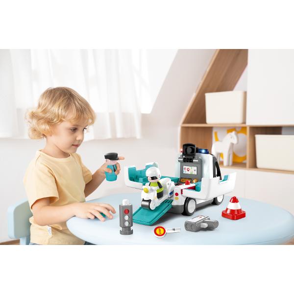 Masinuta de jucarie de politie pentru invatare timpurie este un set educativ destinat copiilor cu varste intre 15 si 5 ani Include o masinuta de politie un politist jucarie o motocicleta si semne de circulatie Produsul are 2 moduri de joc si 8 echipamente de trafic oferind o experienta interactiva care ajuta pe cei mici sa invete reguli de circulatie si sa-si dezvolte abilitati motorii si cognitive Setul este colorat sigur si potrivit pentru joaca educativa timpurie