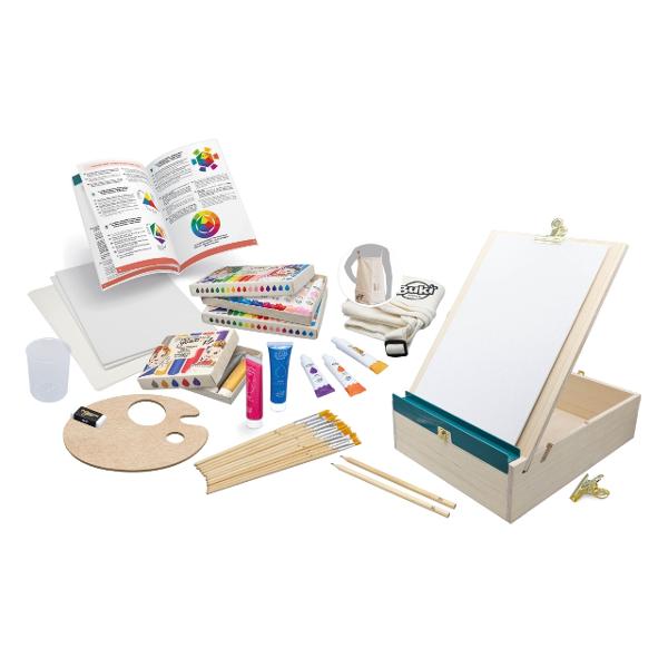 Pune-&539;i &537;or&539;ul &537;i &icirc;nva&539;&259; tehnicile picturii acrilice cu aceast&259; cutie de art&259; din lemn care se transform&259; &icirc;ntr-un &537;evalet Cutia are dou&259; crest&259;turi astfel &icirc;nc&acirc;t s&259; po&539;i alege unghiul &537;evaletului &536;evaletul poate fi a&537;ezat vertical sau orizontal Fixeaz&259; foaia de h&acirc;rtie sau p&acirc;nza sub&539;ire cu cele dou&259; cleme furnizate Datorit&259; ghidului inclus vei putea 