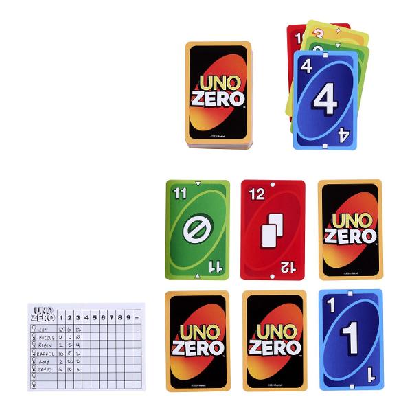 Jucatorii care iubesc jocul de carti UNO vor adora UNO Zero si rasturnarea sa captivanta Scopul este sa obtii cel mai mic scor posibil tintind catre zero absolut In loc sa tina cartile in mana jucatorii incep jocul creand o grila 2x3 cu carti intoarse  apoi schimba carti de valoare mare cu carti de valoare mica pentru a-si pacali adversarii si a obtine scoruri mici Cat de jos pot ajunge Cartile de actiune pot schimba cursul jocului precum Reverse si Skip Pentru 2 pana la 8 jucatori cu 