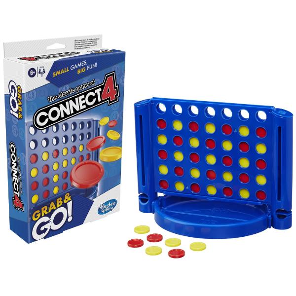 Castiga din mers cu jocul Connect 4 Grab and Go Aceasta versiune compacta pastreaza acelasi gameplay clasic Connect 4 dar intr-un format perfect pentru calatorii Ambii jucatori primesc cate 21 de discuri si au sansa de a obtine 4 la rand pentru a castiga Insa fiecare are si ocazia de a bloca miscarile adversarului pentru a-i impiedica victoriaCand jocul se termina discurile pot fi depozitate usor in coloane iar tavile se pliaza peste grila de joc pentru o stocare rapida si convenabila 