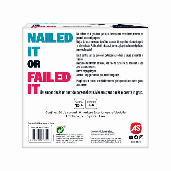 Jocul de societate Nailed it or Failed it este ideal pentru seri distractive cu prietenii petreceri sau chiar pentru o pauza amuzanta in familie Raspunde la intrebari absurde descopera cine te cunoaste cu adevarat si vezi cine reuseste sa iasa in evidenta cu cele mai neasteptate raspunsuri95049080Uneori castiga logica Alteori castiga imaginatia