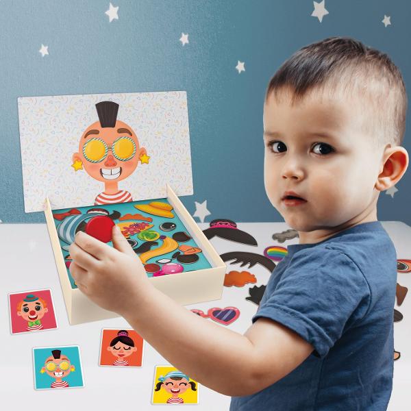 Fete Amuzante este o jucarie educativa si captivanta care ii ajuta pe copii sa descopere si sa inteleaga trasaturile umane intr-un mod jucaus Copiii pot combina magnetii pentru a recrea fetele ilustrate pe cartile incluse sau isi pot folosi imaginatia pentru a inventa expresii si combinatii amuzante dezvoltandu-si astfel creativitatea si spiritul de observatie Jocul contribuie la dezvoltarea atentiei coordonarii mana-ochi si a recunoasterii emotionale transformand fiecare sesiune de joaca 