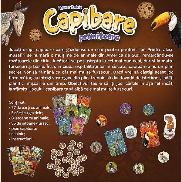 Un joc adorabil de societate Capibare primitoare  semnat de celebrul Reiner Knizia care te invita in lumea capibarelor primitoare Capibarele isi dau intalnire la o masa plina de ceai fursecuri si voie buna iar tu esti invitat sa te alaturi Scopul jocului este sa formezi combinatii potrivite si sa aduni cat mai multe puncte in timp ce te bucuri de atmosfera relaxata si ilustratiile calde create de Michal Ambrzykowski Ideal pentru intreaga familie Capibare primitoare imbina strategia 
