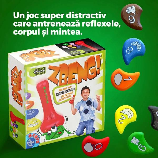 Distrac&539;ie mi&537;care &icirc;nv&259;&539;are Le experimentezi pe toate cu Zbeng Un joc super distractiv care antreneaz&259; reflexele corpul &537;i minteaJocul Zbeng este conceput special pentru ca micii exploratori s&259; &icirc;&537;i consume energia infinit&259; &icirc;ntr-un mod constructiv&nbsp;Jocul con&539;ine 10 jetoane ilustrate cu numere fructe animale &537;i culori &537;i un dispozitiv special &ndash; Zbeng &ndash; care spune comenzile 