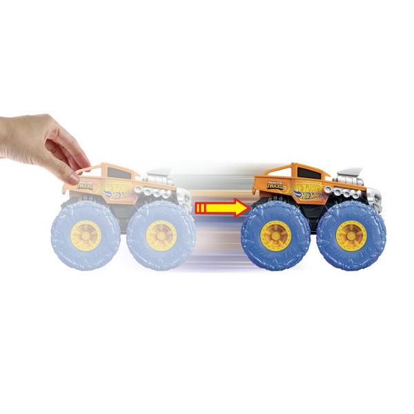 Zdrobiti concurenta cu acest asortiment de vehicule monster truck Hot Wheels Twisted Tredz la scara 143 monstruoase cu sasiuri cu tematica de creatura Motorul cu frictiune cu actiune de tragere inapoi si eliberare lanseaza aceste vehicule feroce peste obstacole si teren cu o deplasare inainte care rupe pamantul Accelerati si eliberati vehiculele de neoprit Mega Wrex Bone Shaker Rodger Dodger sau Marvel Hulk pentru busituri si lovituri Fiecare Monster Truck are cauciucuri GIGANT stilizate 