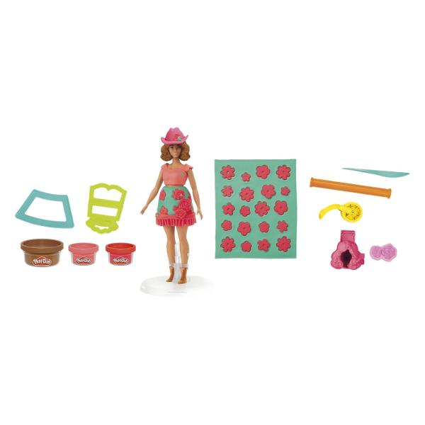 Creeaza stiluri rustice super dragute cu setul Florale si Franjuri Este usor si distractiv sa creezi haine pentru papusile Barbie Play-Doh cu acest kit de arte si mestesuguri Pur si simplu aseaza papusa pe suport foloseste foaia cu modele Play-Doh si decupatoarele pentru a croi tinute Barbie si imbrac-o in cele mai creative moduri imaginabile Ofera-i diferite coafuri Play-Doh cu ajutorul matritei de par sau copiii isi pot face propriile coafuri manual Adauga accesorii pentru papusile 