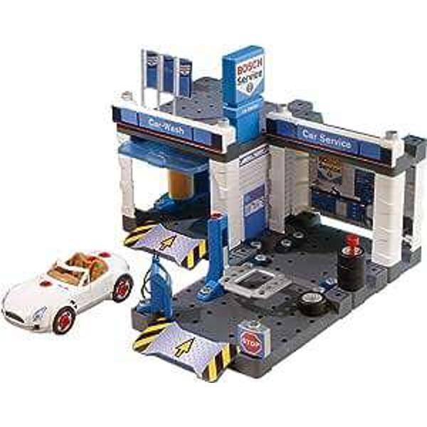 Atelier Bosch- cladiri demontabile;- platforma de ridicare care se misca sus-jos;- spalatorie auto cu perii in miscare;- masina demontabila cu 4 roti de rezerva;- surubelnitaDimensiuni 41 x 39 x 29 cmGreutate &nbsp;13 KgVarsta recomandata 3 ani