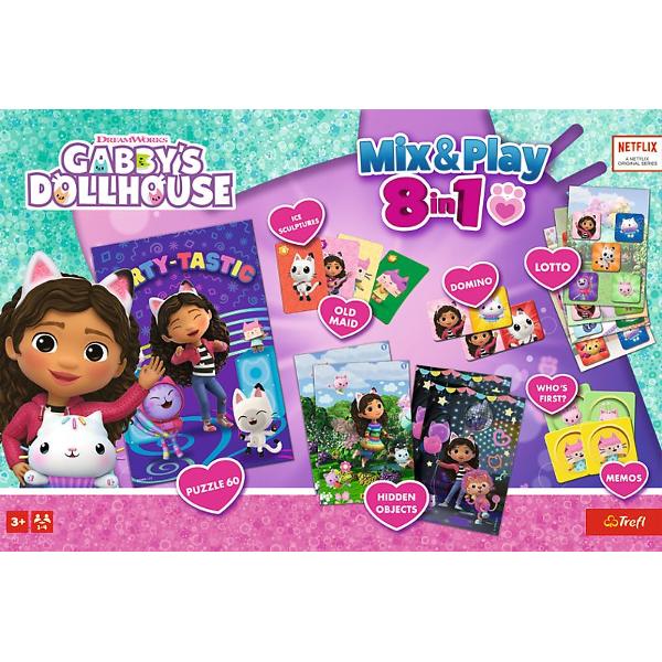 Setul de joc Gabby&39s Dollhouse 8 in 1 aduce distractia din universul animat direct in camera copilului oferind multiple activitati creative si educative intr-un singur pachet Conceput pentru copiii de peste 3 ani acest set include jocuri variate precum puzzle domino lotto old maid memos who&39s first si activitati de tip cauta si gaste stimuland atentia memoria logica si coordonarea mana-ochi Ilustratiile colorate cu personajele indragite din Gabby&39s Dollhouse 