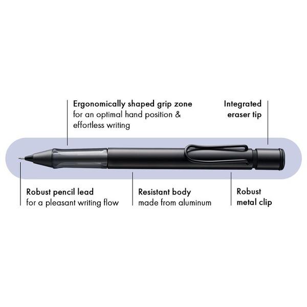 Creionul mecanic Lamy AL-star este un instrument de scris atractiv tineresc care satisface chiar si cele mai exigente cerinte Fabricat din aluminiu rezistent anodizat in culoarea grafitului Cu grip fumuriu - transparent distinctiv si clema metalica flexibilaDetalii creion mecanic Lamy AL-star black aluminiu anodizat matt black  clip metalic  grip din plastic ergonomic  rezerva creion mecanic 