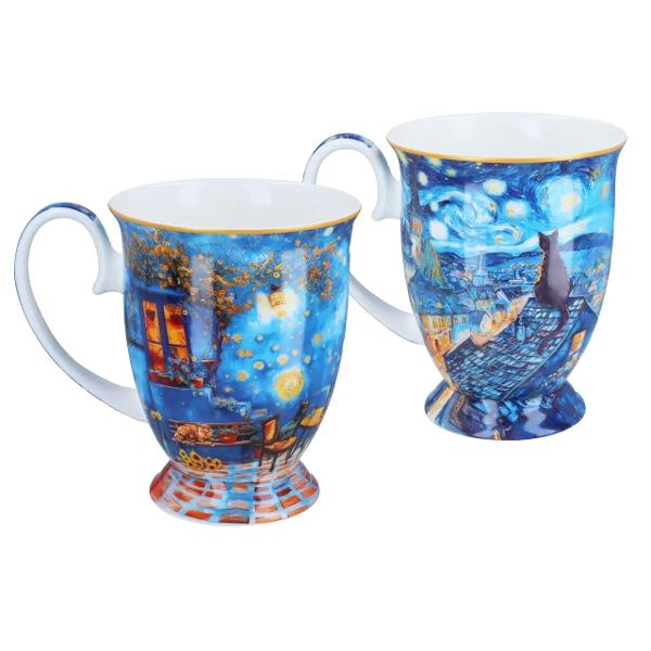Set elegant format din 2 c&259;ni din por&539;elan fin cu o capacitate de 280 ml fiecare decorate cu ilustra&539;ii&nbsp;cu pisici &icirc;n stilul inconfundabil al picturilor lui Vincent van Gogh Culorile vibrante &537;i detaliile expresive aduc un plus de energie &537;i veselie fiec&259;rei pauze de cafea sau ceaiAcest set combin&259; func&539;ionalitatea cu arta transform&acirc;nd momentele obi&537;nuite 