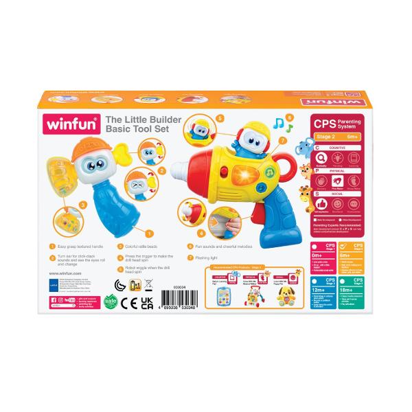 Winfun SET DE SCULE PENTRU MICUL CONSTRUCTOR este o jucarie interactiva conceputa pentru copiii de la 6 luni ideala pentru dezvoltarea abilitatilor motorii si a coordonarii Setul include unelte de jucarie colorate precum o bormasina interactiva si un ciocan special create pentru mainile mici ale copiilor usor de prins si de utilizare Bormasina este prevazuta cu butoane care activeaza sunete melodii vesele si efecte luminoase stimuland auzul si atentia copilului Functiile interactive 