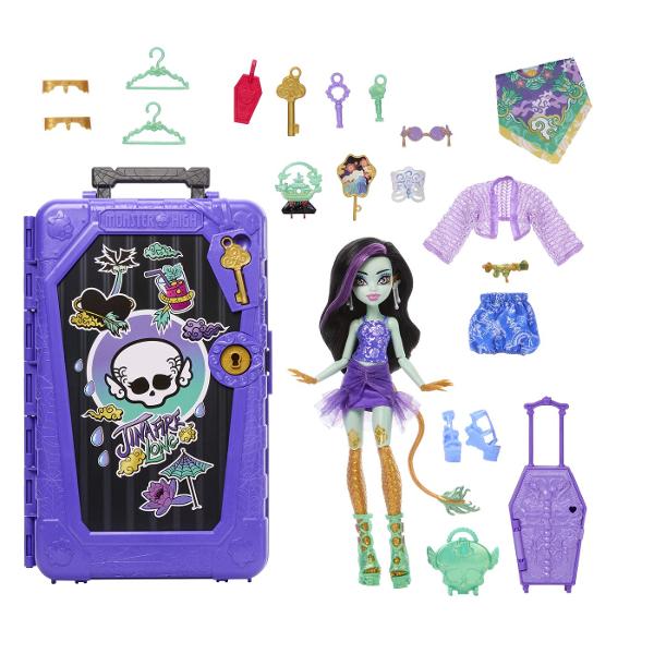 Descopera misterele din universul Monster High cu Skulltimate Secrets un pachet plin de surpriza si transformari spectaculoase In interior se afla papusa inspirata din tematica exotica cu tinute si accesorii ascunse ce pot fi dezvaluite pas cu pas Setul include peste 19 surprize si mai mult de 125 de combinatii de styling oferind numeroase posibilitati de personalizare a look-ului Copilul poate debloca compartimentele cu ajutorul cheii incluse descoperind haine accesorii si elemente 