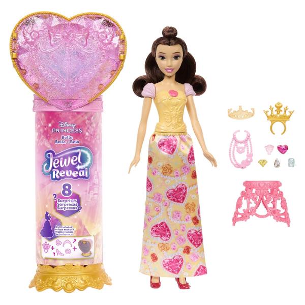 Setul Disney Princess Jewel Reveal aduce magia povestilor Disney intr-o experienta plina de surprize Ambalat intr-o cutie eleganta in forma de inima stralucitoare setul ascunde in interior o papusa inspirata din universul Printeselor Disney si multiple accesorii surpriza Copiii pot deschide compartimentele pentru a descoperi treptat elementele incluse precum accesorii de moda si detalii inspirate din poveste Designul sclipitor si mecanismul de deschidere a transformarii momentului 