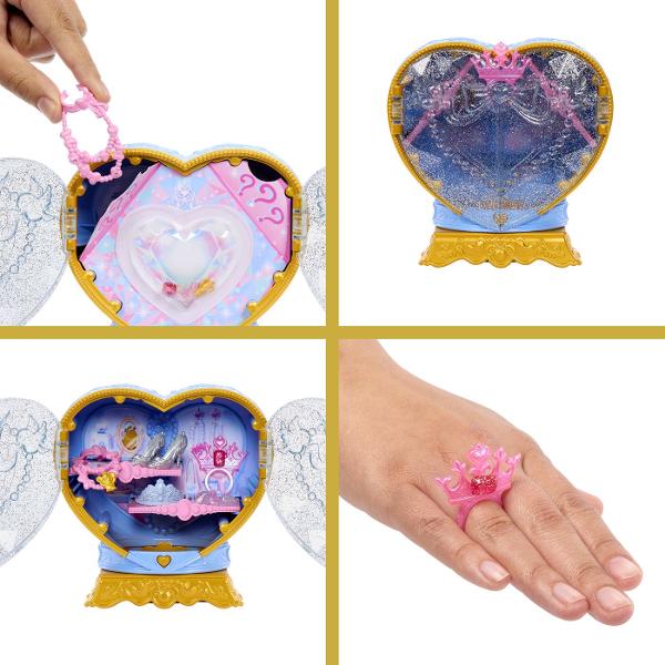 Setul Disney Princess Jewel Reveal aduce magia povestilor Disney intr-o experienta plina de surprize Ambalat intr-o cutie eleganta in forma de inima stralucitoare setul ascunde in interior o papusa Cenusareasa inspirata din universul Printeselor Disney si multiple accesorii surpriza Copiii pot deschide compartimentele pentru a descoperi treptat elementele incluse precum accesorii de moda si detalii inspirate din poveste Designul sclipitor si mecanismul de deschidere a transformarii 