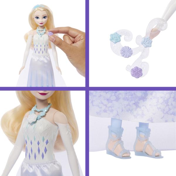 Setul Disney Frozen Jewel Reveal Elsa ofera copiilor o experienta magica de descoperire inspirata din universul filmului Frozen Ambalat intr-o cutie stralucitoare in forma de fulg de zapada setul ascunde in interior mai multe surprize care pot fi dezvaluite treptat prin deschiderea compartimentelor Copiii pot descoperi o papusa inspirata de printesa Elsa si accesorii tematice care completeaza tinuta si povestea personajului Designul sclipitor si mecanismul de deschidere transforma fiecare 