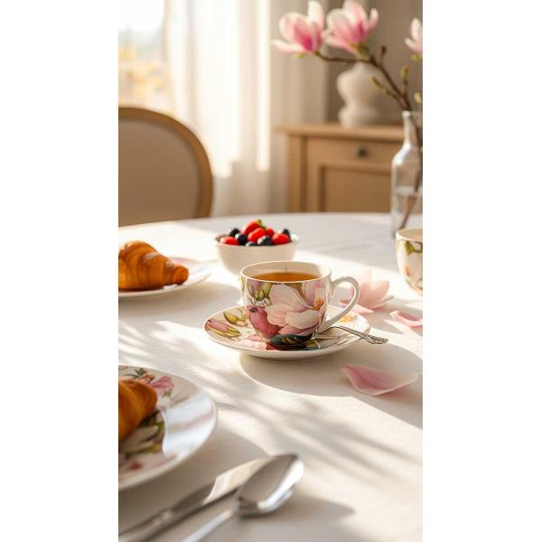 Set de 2 ce&537;ti &537;i farfurioare MAGNOLIAS din colec&539;ia Flower Classic este realizat din por&539;elan New Bone China caracterizat printr-o culoare alb-crem natural&259; cu o str&259;lucire delicat&259; &537;i o rezisten&539;&259; &537;i durabilitate excep&539;ionale men&539;in&acirc;nd &icirc;n acela&537;i timp lejeritatea &537;i fine&539;eaDecorul liniei este inspirat din natur&259; &ndash; 