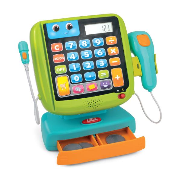 Winfun Set Casa De Marcat Interactiva Cu Accesorii este o jucarie interactiva complexa conceputa pentru copii de la 24 luni ideala pentru invatare prin joaca si dezvoltarea abilitatilor de baza matematica si sociala Setul include o casa de marcat electronica cu functie de calculator real scanner microfon functional si multiple accesorii precum alimente de jucarie si cos de cumparaturi oferind o experienta completa de joc de rol Casa de marcat este prevazuta cu taste numerice si functii 