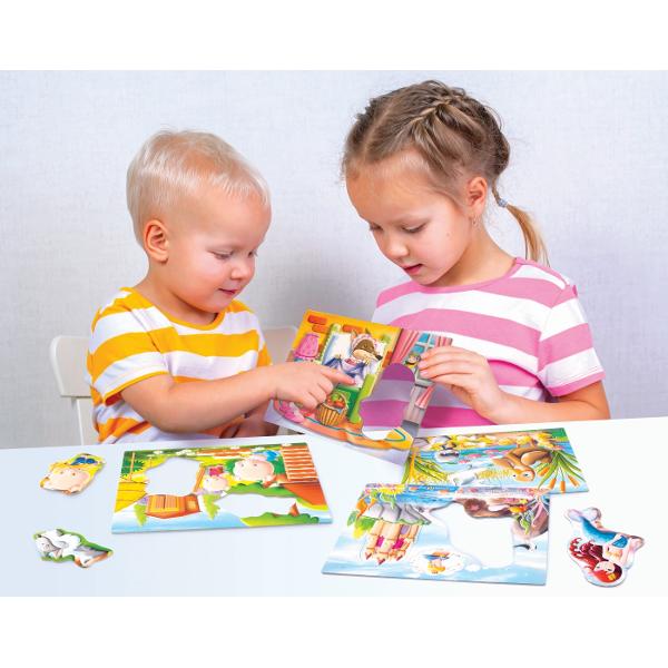 Invata copiii cele mai dulci povesti si personajele lor prin imagini frumoase Jocul contine cartonase colorate de dimensiuni mari fiind usor de inteles si extrem de durabile Prin joc copilul isi exercita concomitent abilitatile motorii logica si spiritual de observatie Varsta recomandata 2 ani