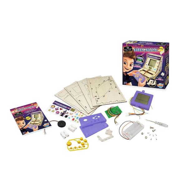 Utilizati surubelnita inclusa pentru a asambla controlerul construiti cutia cu jocuri si conectati componentele ecran difuzor si sursa de alimentare Personalizeaza-ti cutia cu autocolante Descoperiti 12 jocuri inspirate din jocurile clasice puzzle sarpe breakout si alteleContine 4 panouri din lemn 1 ecran  1 controler 1 carcasa superioara 1 carcasa inferioara 1 placa de circuite butoane 1 placa conductiva 1 difuzor 1 adeziv cu doua fete 1 compartiment superior 2 