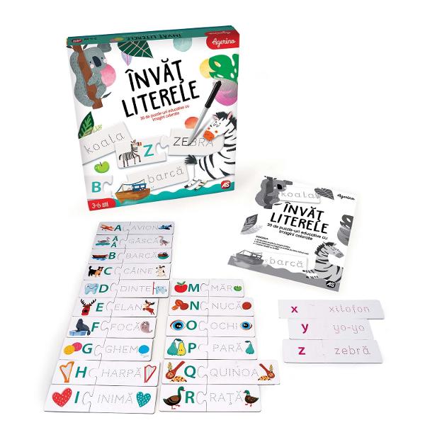 INVAT LITERELE este un joc educativ progresiv bazat pe corespondenta dintre litere imagini si cuvinte de pe cele doua parti ale cartonaselor pentru a-i invata pe cei mici sa scrie si sa citeasca Copilul observa cu atentie imaginile identifica litera de pe piesa de puzzle si incearca sa gaseasca cuvantul corespunzator Dupa ce uneste toate piesele de puzzle copilul incearca sa scrie cuvantul de pe fiecare cartonas cu litere de mari pe fata si cu litere mici pe verso Astfel prin joc si 