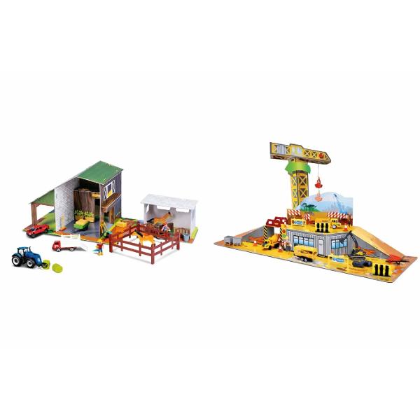 Set de joaca modular Constructie cu 4 Vehicule Incluse conceput pentru a recrea scenarii realiste din viata de zi cu zi precum ferma sau santierul de constructii Produsul combina elemente de constructie din carton rigidplastic cu vehicule die-cast oferind o experienta completa de joaca si interactiune Structura este gandita pentru asamblare rapida si reutilizare permitand copilului sa construiasca si sa reorganizeze spatiul de joaca de fiecare data diferita Seturile includ accesorii 