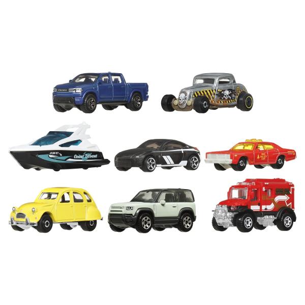 Setul Matchbox contine 8 masinute din metal fiecare realizata cu un nivel ridicat de detalii si inspirata din modelul real de vehicul Acest set special include un vehicul de politie exclusiv disponibil doar in acest pachet si combina masini sport masini clasice SUV-uri si utilaje de constructii pentru o experienta completa de joc si colectie Masinutele sunt fabricate din metal durabil cu piese din plastic la scara aproximativa 1 la 64 si sunt potrivite pentru copii de la 3 ani in sus 
