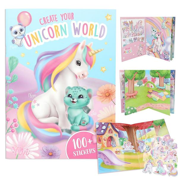 Creeaz&259;-&539;i lumea unicornilor 20 de pagini cu motive de fundal &icirc;nc&acirc;nt&259;toare care devin unic de frumoase cu 2 coli de stickere cu sclipici 2 coli de stickere argintii &537;i 2 coli de stickere din spum&259; Distrac&539;ie 100 cu stickere unicorni