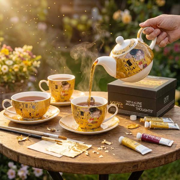 Set de &537;ase ce&537;ti cu farfurioare&nbsp;&nbsp;THE KISS CLASSIC inspirat de Gustav Klimt&nbsp; face parte din&nbsp;colec&539;ia Art Gallery&nbsp;&nbsp;&537;i este realizat din por&539;elan de calitate superioara cunoscut pentru o culoare alb-crem elegant&259; &537;i natural&259; cu un luciu delicat precum &537;i pentru o 