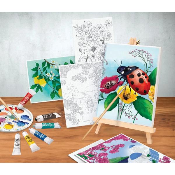 Set creativ Happi Hobbi Atelierul de Pictura Acrylic conceput pentru a introduce copiii in lumea picturii in culori acrilice intr-un mod accesibil si atractiv Acest set complet le permite celor mici sa picteze pe panza propriilor propriile lor creatii Este potrivit atat pentru incepatori datorita manualului detaliat si ilustrat care explica pas cu pas tehnica acrilica cat si pentru copiii care au deja experienta si doresc sa isi dezvolte abilitati Continutul variat ofera posibilitate de 
