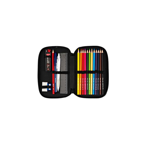 Penar &537;colar echipat dublu b&259;ie&539;i &ndash; model super erou compartimentatPenarul &537;colar dublu Super Erou este alegerea ideal&259; pentru b&259;ie&539;ii pasiona&539;i de personaje puternice &537;i aventuri pline de ac&539;iune Cu un design dinamic &icirc;n culori vibrante de albastru ro&537;u &537;i galben 
