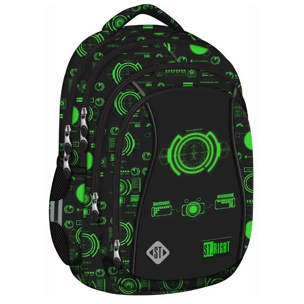 Ghiozdanul ST Right BP04 din colectia grafica Tech Vision este conceput pentru utilizare scolara zilnica cu un volum generos si o organizare eficienta Cele 4 compartimente si buzunarele suplimentare ajuta la aranjarea ordonata a rechizitelor si accesoriilorPentru confort si siguranta are spate profilat ergonomic si respirabil bretele reglabile si curea de piept Materialul impermeabil baza intarita si elementele reflectorizante completeaza un design practic 