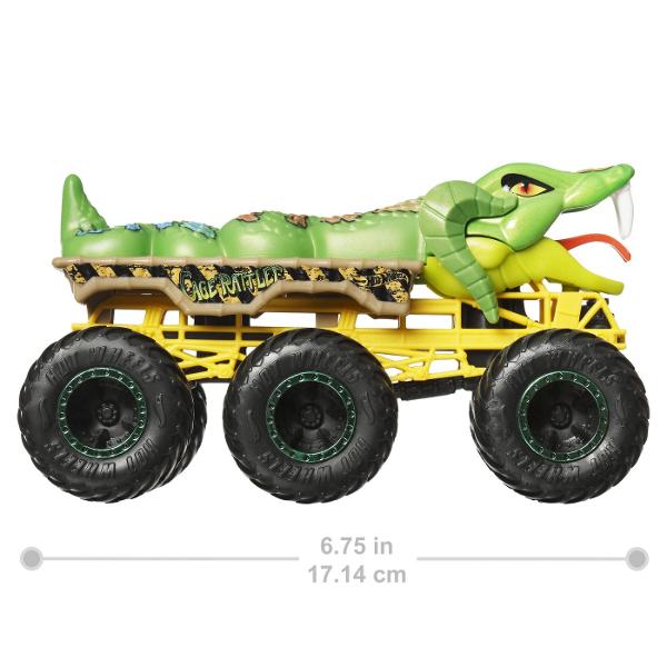 Fiecare camion turnat sub presiune surprinde cu stilul si personalitatea unui personaj sau a unei creaturi populare Monster Truck la scara 164 Porneste in aventuri cu camioanele Hot Wheels Monster Trucks Big Rigs Fiecare vehicul la scara 164 transmite personalitatea popularelor creaturi Monster Truck cu decalcomanii atragatoare pe care fanii le adora Copiii pot transporta vehicule suplimentare la scara 164 pe platforma sau cu carligul de remorcare de pe Big Rig  Acest pachet contine 