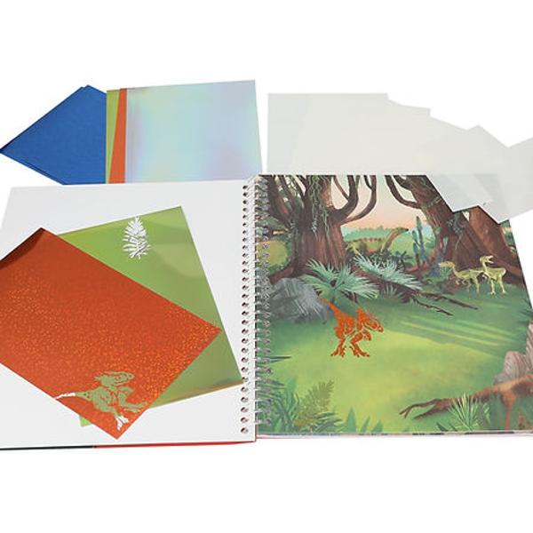 Dino Stick & Shine In cartea de colorat puternica de dinozauri exista nu numai 12 motive de dinozaur complet interesante de colorat ci si tot at&65533;tea pagini ilustrate detaliate cu peisaje primordiale pe care le puteti proiecta liber cu cele 8 foi de tatuaj si cele 8 folii cu sclipici