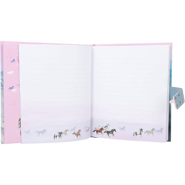 Jurnal pentru fete cu sunetul &bdquo;Infinit&rdquo; care atunci c&acirc;nd este deschis dureaz&259; aproximativ 20 de secundeDesign Miss Melody Sundown de Depesche - &Icirc;n roz cu motiv de cal pe plaj&259;span 