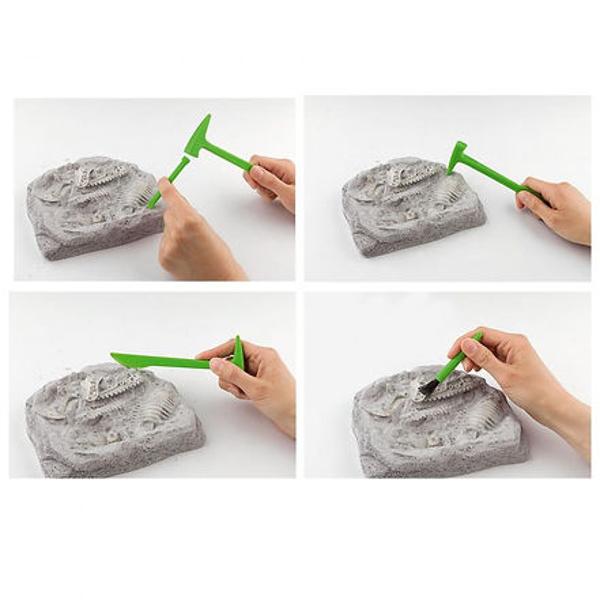 Esti atras de paleontologie Perfect pentru ca In blocul de ipsos asteapta sa fie excavat cu atentie un schelet de dinozaur format din 13 bucatiTot ce aveti nevoie este inclus In set ciocan dalta perie si ochelari de protectie