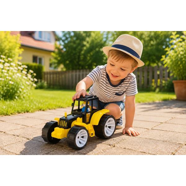Tractorul pentru copii BAMS 0 in culoare negru galben este un cadou excelent pentru micii pasionati de utilaje agricole si vehicule speciale Jucaria este echipata cu roti mari care asigura o deplasare usoara pe diferite suprafete o cabina deschisa si o figurina detasabila a soferului oferind o experienta de joaca mai realista si mai captivanta &Icircn partea din spate tractorul este prevazut cu un carlig de remorcare pentru atasarea unei remorci extinzand astfel posibilitatile de 