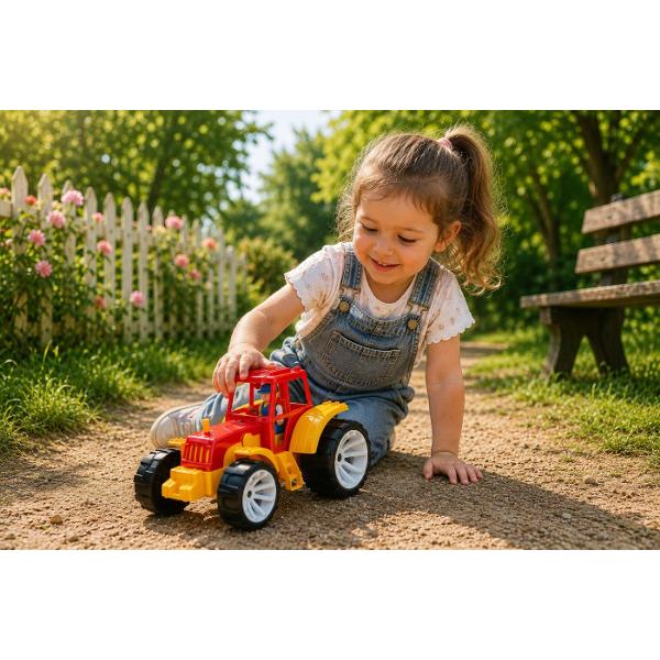 Tractorul pentru copii BAMS 0 in culoare rosu portocaliu este un cadou excelent pentru micii pasionati de utilaje agricole si vehicule speciale Jucaria este echipata cu roti mari care asigura o deplasare usoara pe diferite suprafete o cabina deschisa si o figurina detasabila a soferului oferind o experienta de joaca mai realista si mai captivanta &Icircn partea din spate tractorul este prevazut cu un carlig de remorcare pentru atasarea unei remorci extinzand astfel posibilitatile de 