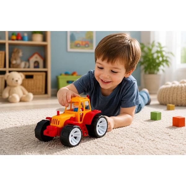 Tractorul pentru copii BAMS 0 in culoare portocaliu rosu este un cadou excelent pentru micii pasionati de utilaje agricole si vehicule speciale Jucaria este echipata cu roti mari care asigura o deplasare usoara pe diferite suprafete o cabina deschisa si o figurina detasabila a soferului oferind o experienta de joaca mai realista si mai captivanta In partea din spate tractorul este prevazut cu un carlig de remorcare pentru atasarea unei remorci extinzand astfel posibilitatile de joaca 